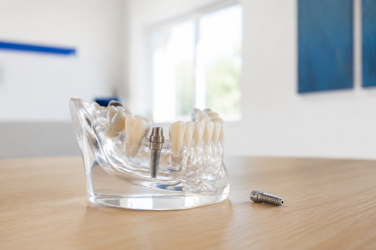 Implantat-Modell: Zahnimplantat im transparenten Unterkiefer-Modell
