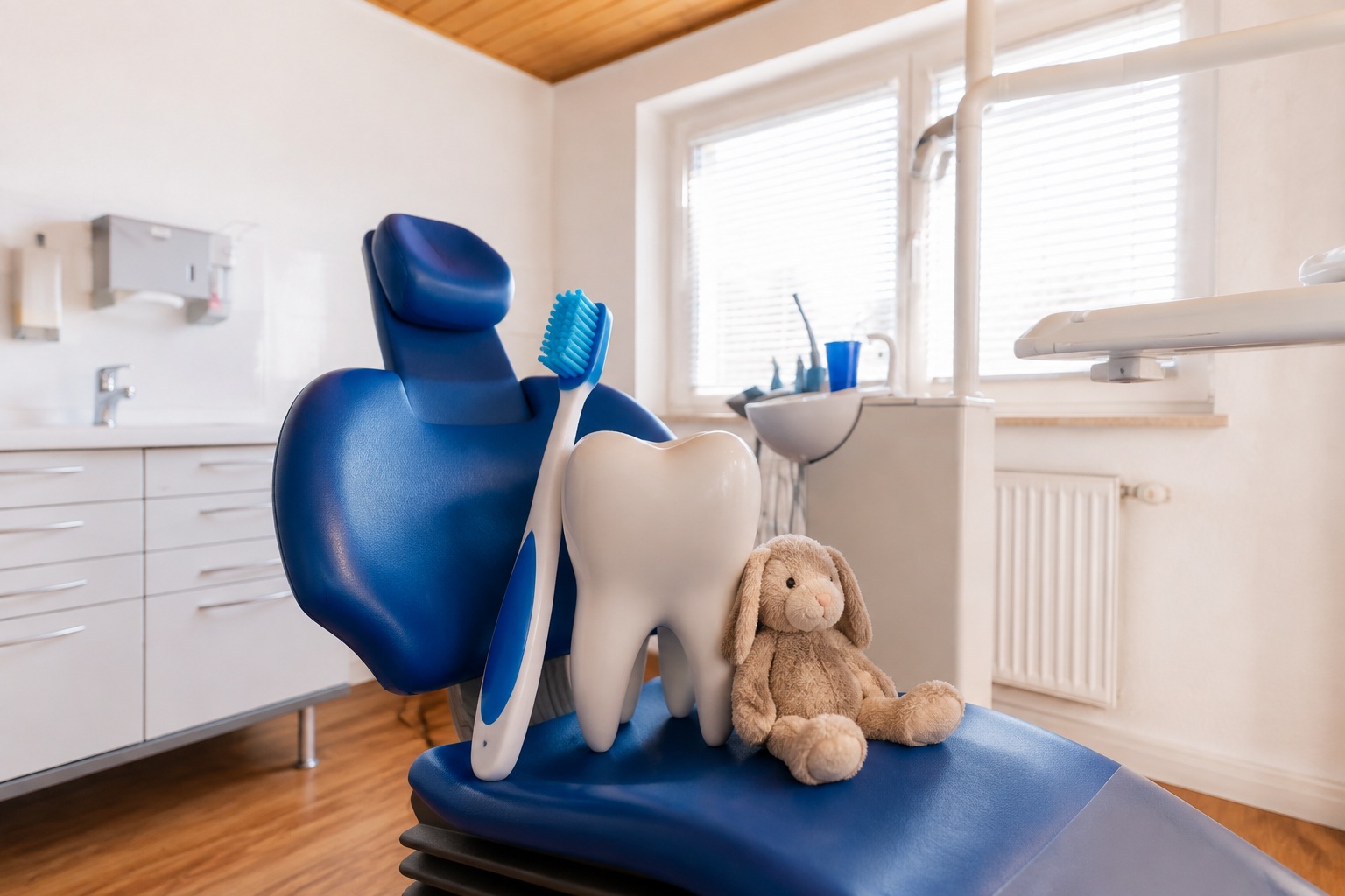 Kinderfreundliches Behandlungszimmer mit Zahnmodell, Zahnbürste und Kuscheltier
